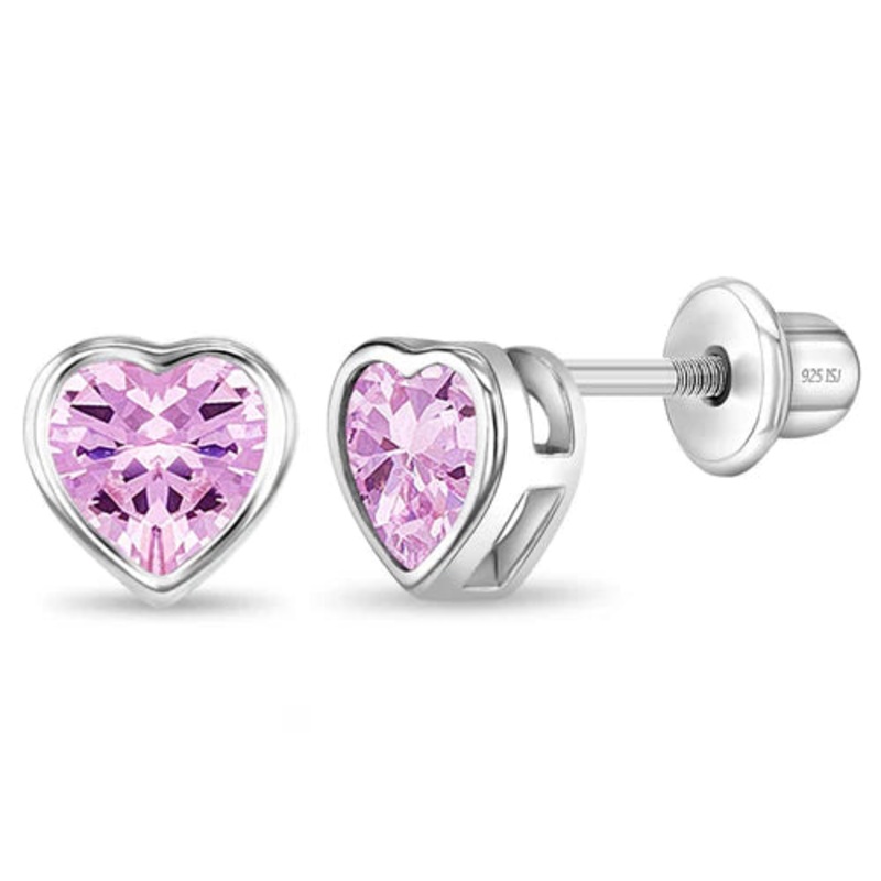 SS Bezel CZ Solitaire Pink Heart Screw Back Earrings