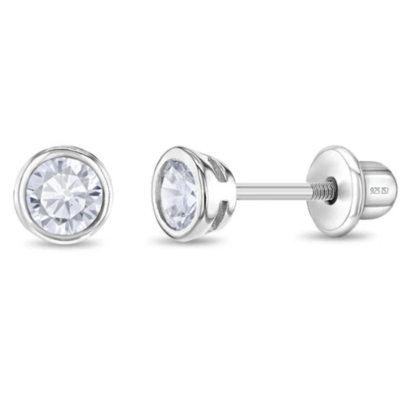 SS Bezel Set Clear CZ Solitaire 3mm Screw Back Earrings