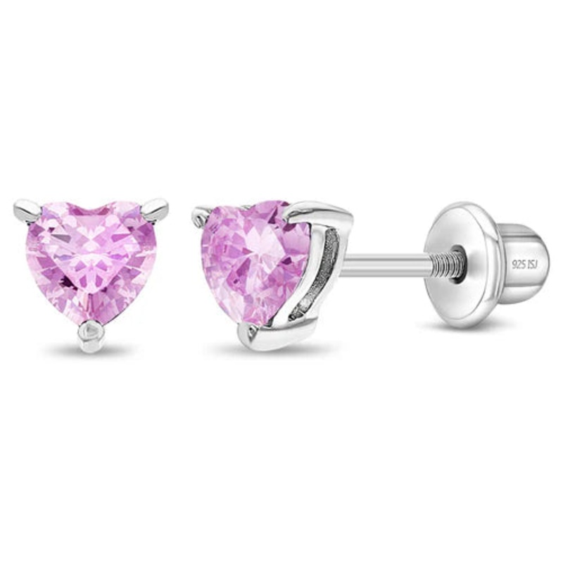 SS Classic CZ Birthstone Heart Screw Back Earrings