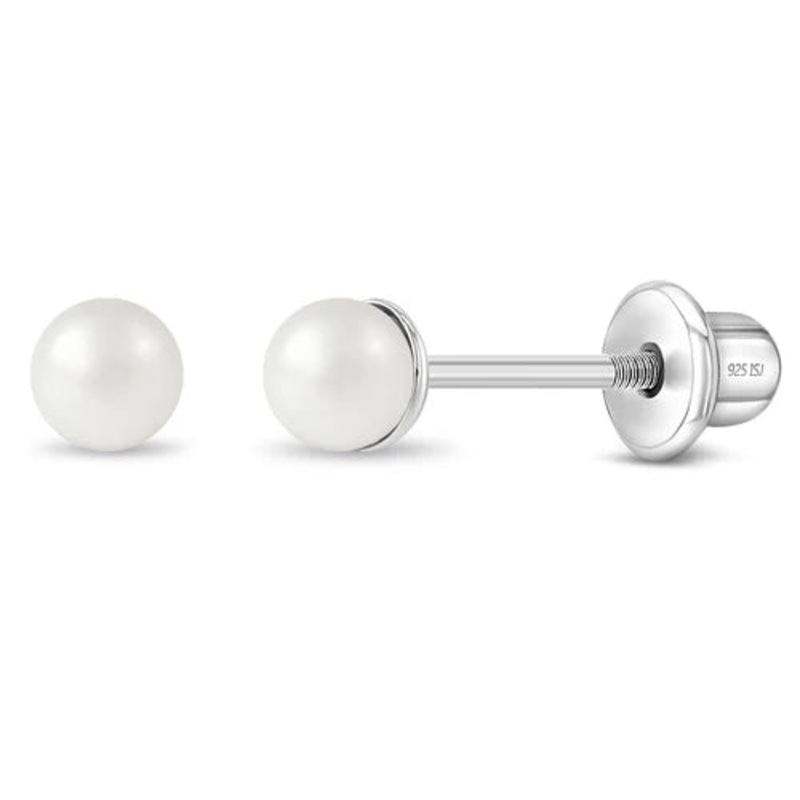 SS Classic Simulated White Pearl Screw Back Earrings