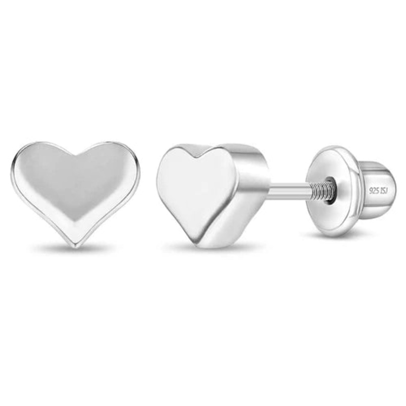 SS Puffed Polished Heart Screw Back Earrings