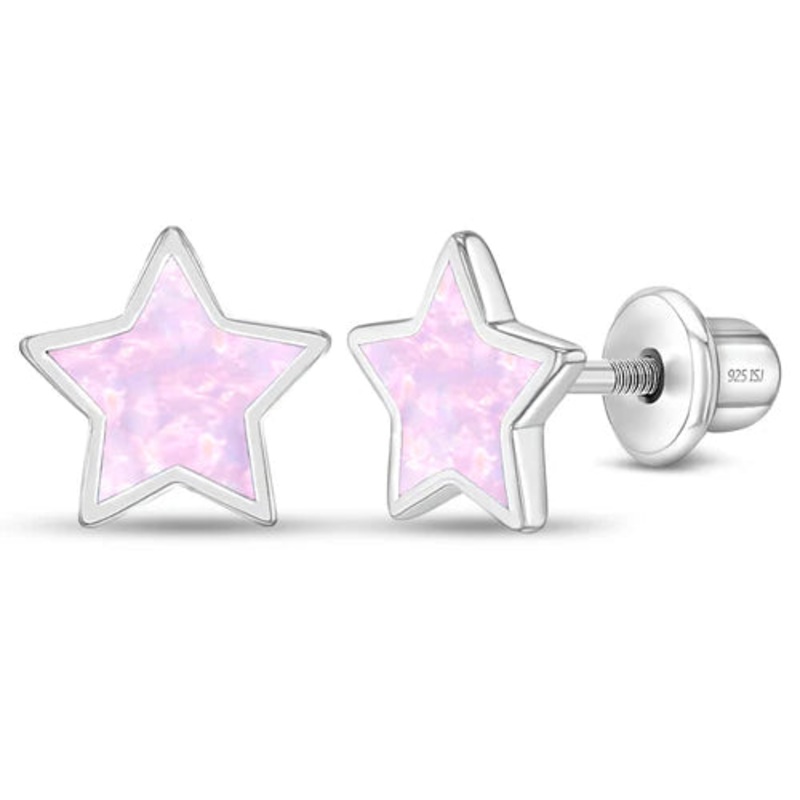 SS Sparkle Star Opal Screw Back Earrings - Pink