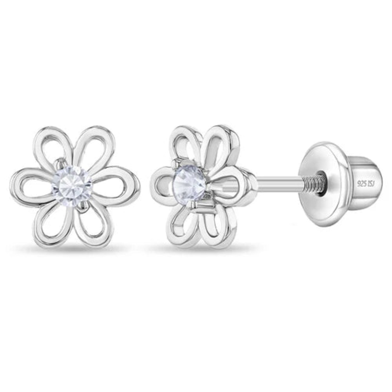 SS Spring Clear CZ Flower Screw Back Earrings