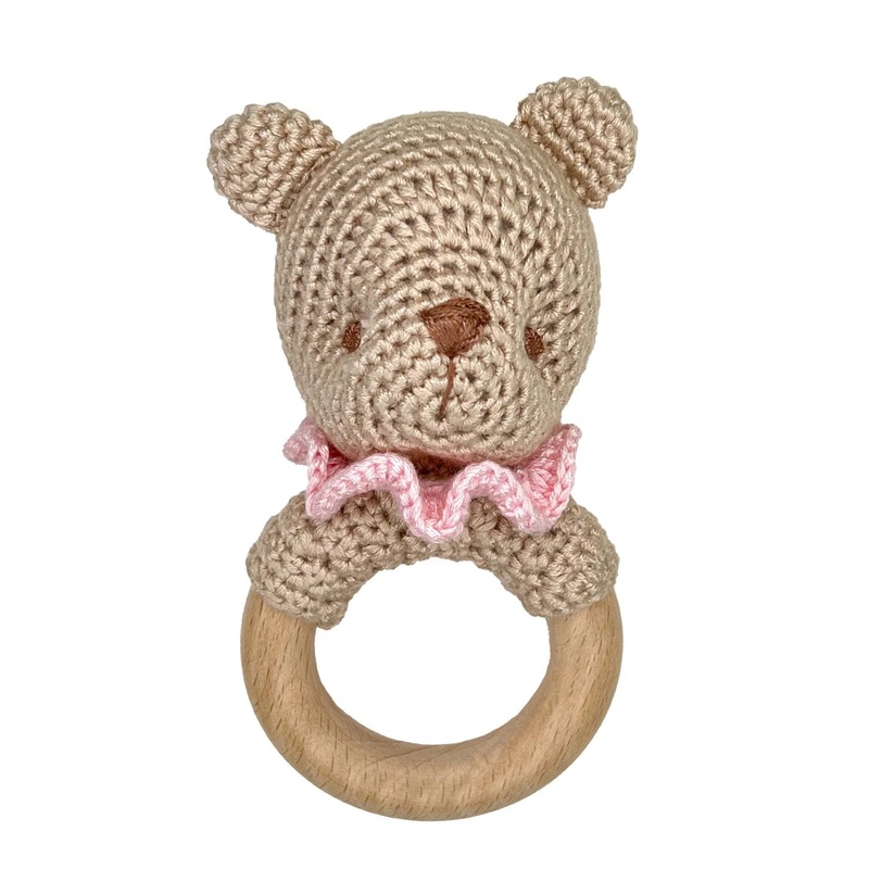 Zubels Pink Bear Bamboo Crochet Woodring Rattle