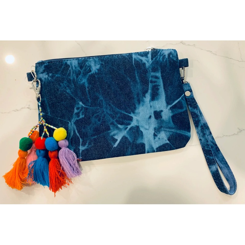 Bari Lynn Denim Wrist Bag with Tassel
