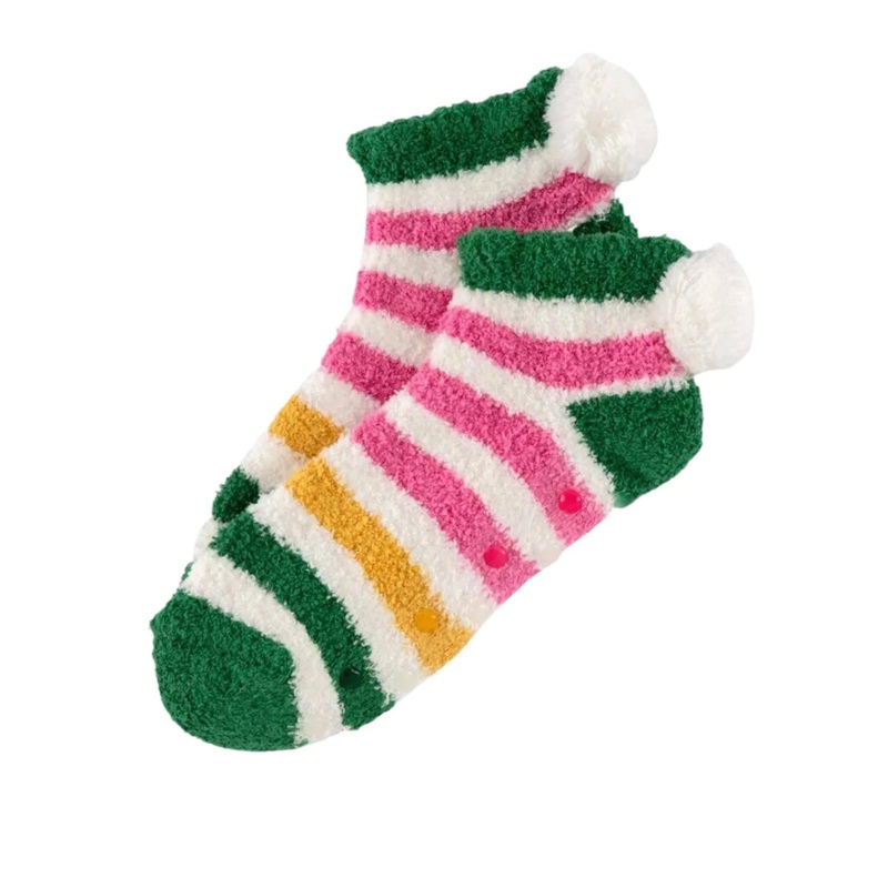 Gloria Striped Pink/Green Plush Socks with Pom Poms
