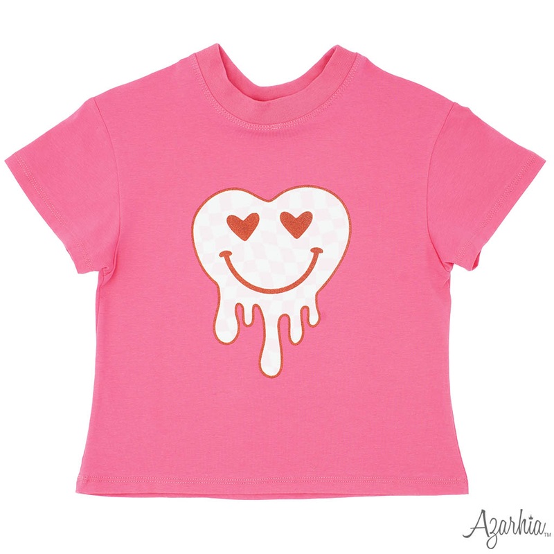 Azarhia Boxy Tee - Glitter Drip Heart Smiley Hot Pink Valentines
