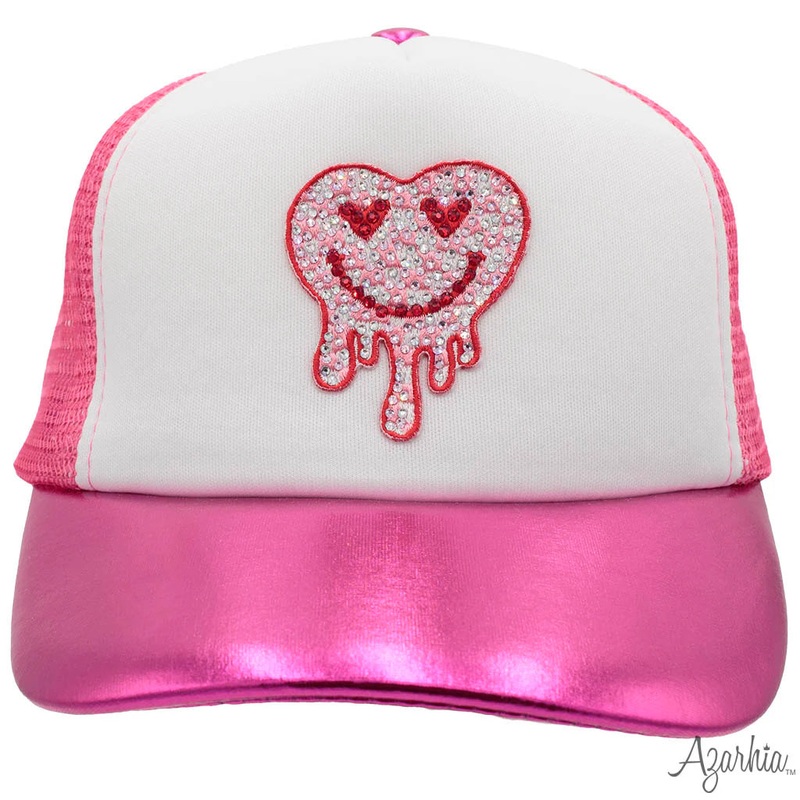 Azarhia Valentine Hot Pink Metallic Drip Heart Rhinestone Trucker Hat