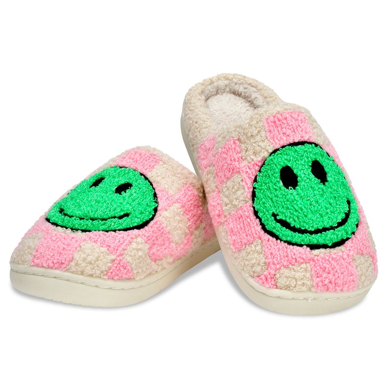 iScream Pink and Green Happy Check Smiley Slippers