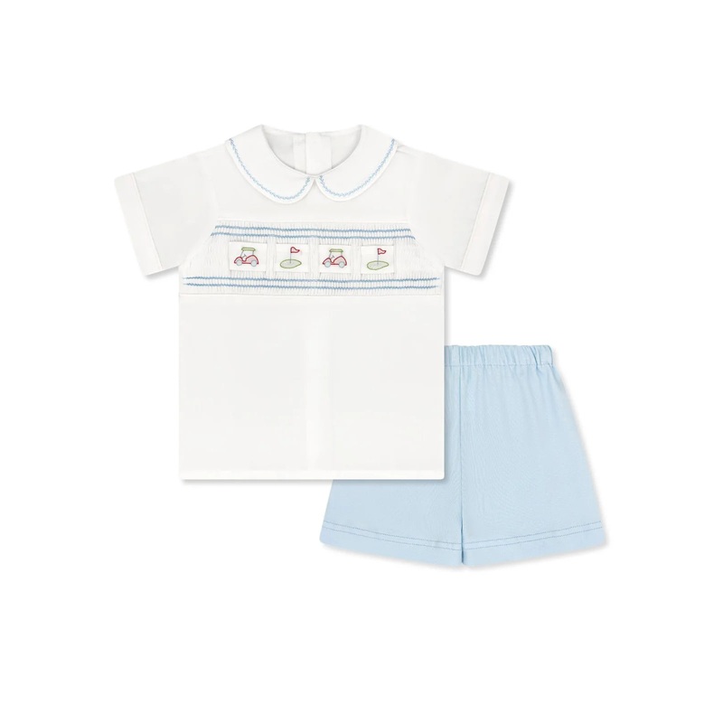 Lullaby Set Noah Ribbon Short Set - Blessings White, Beaumont Blue