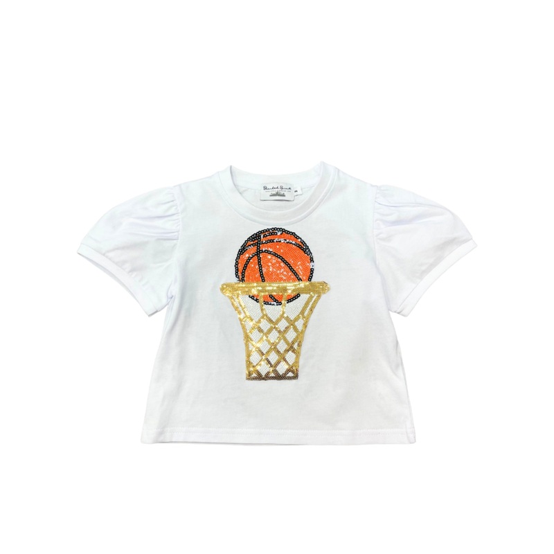 White Sequin Basketball Hoop Tee with Puffy Sleeves