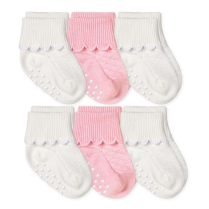 Jefferies Socks Non-Skid Scalloped Turn Cuff Socks 6 Pair Pack - Pink/White