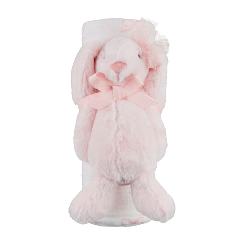 Mud Pie Bow Muslin Swaddle Blanket with Rattle