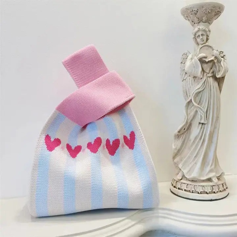 Dainty Knit Tote - Stripes Heart Blue