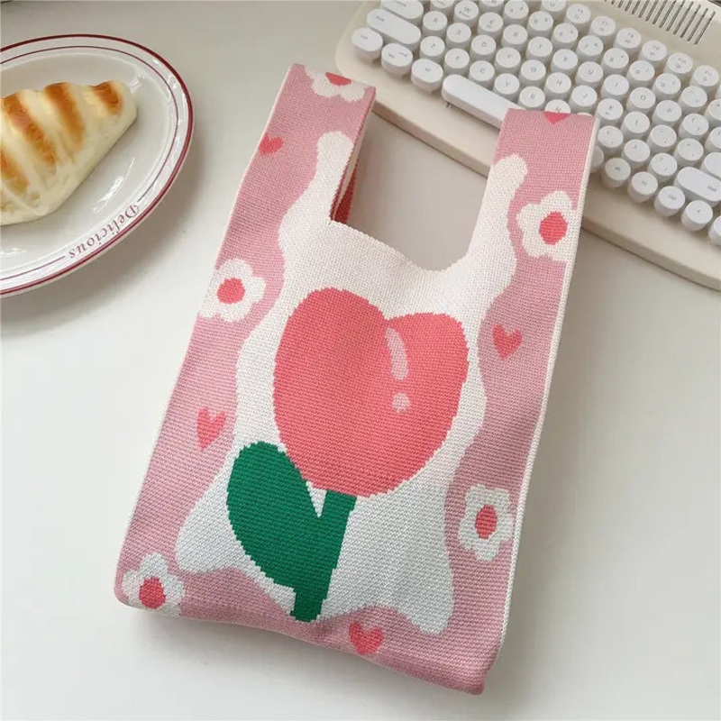 Dainty Knit Tote - Tulip Pink White