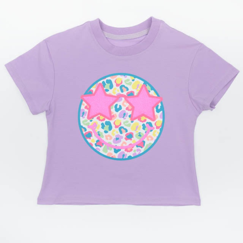 Azarhia Boxy Tee - Lavender Neon Leopard Smiley