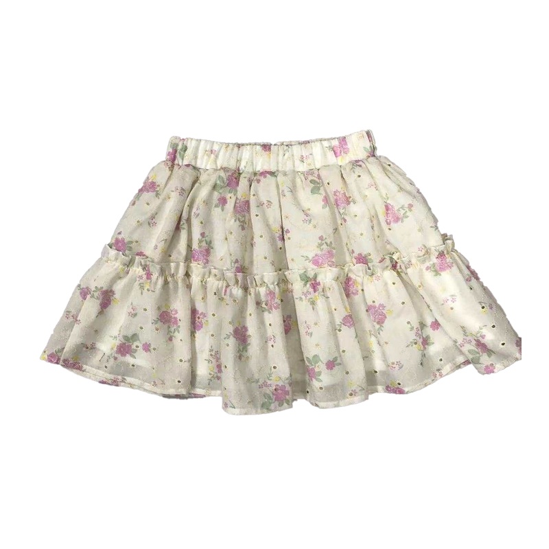 Ivory Flower Print Skirt with Tiered Ruffle Edge