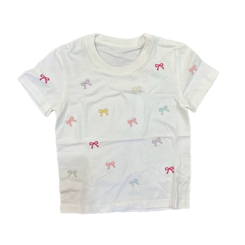 White Short Sleeved Knit Tee with Embroidered Mini Bows