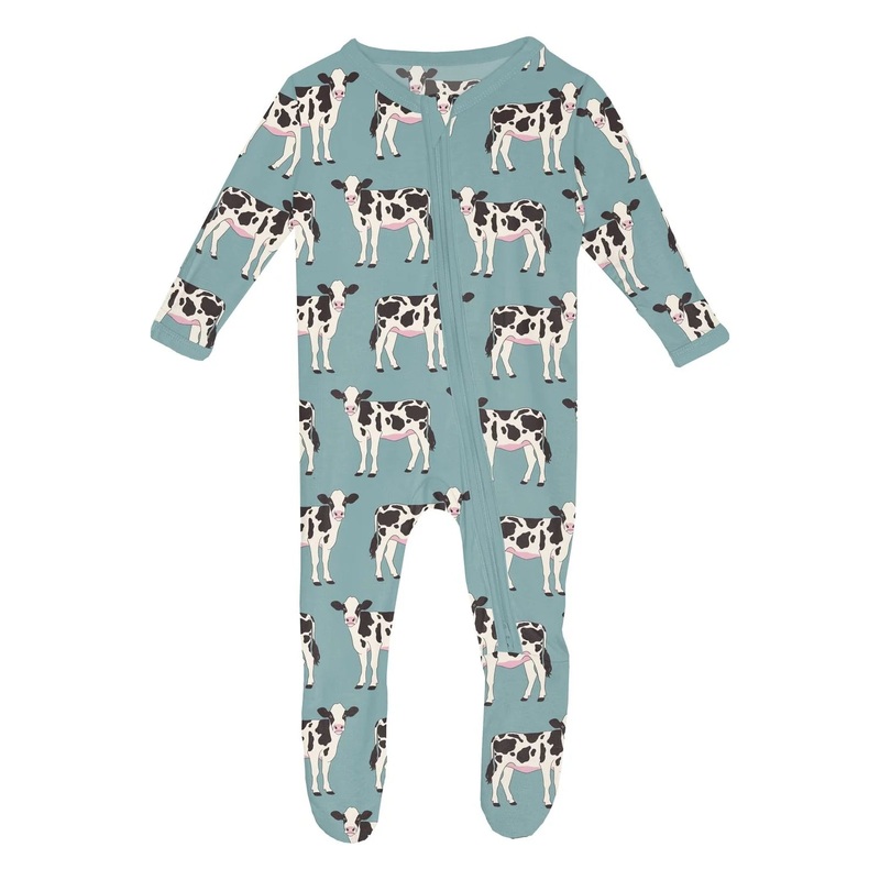 Kickee 2 Way Zipper Footie - Jade Cows
