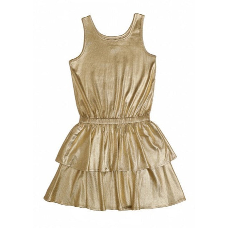 Mia Tiered Lam Gold Metallic Sleeveless Dress