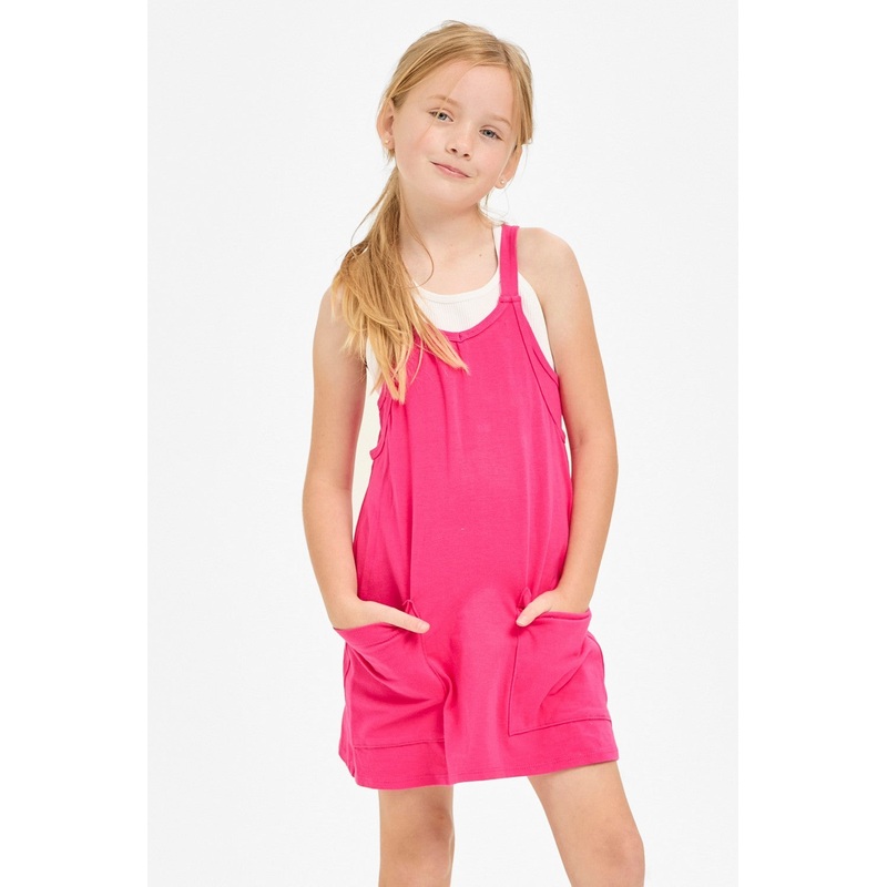Solid Cotton Mini Dress with Inner Romper - Hot Pink