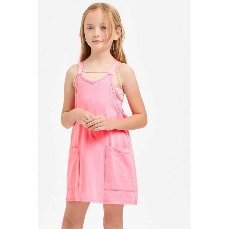 Solid Cotton Mini Dress with Inner Romper - Neon Pink