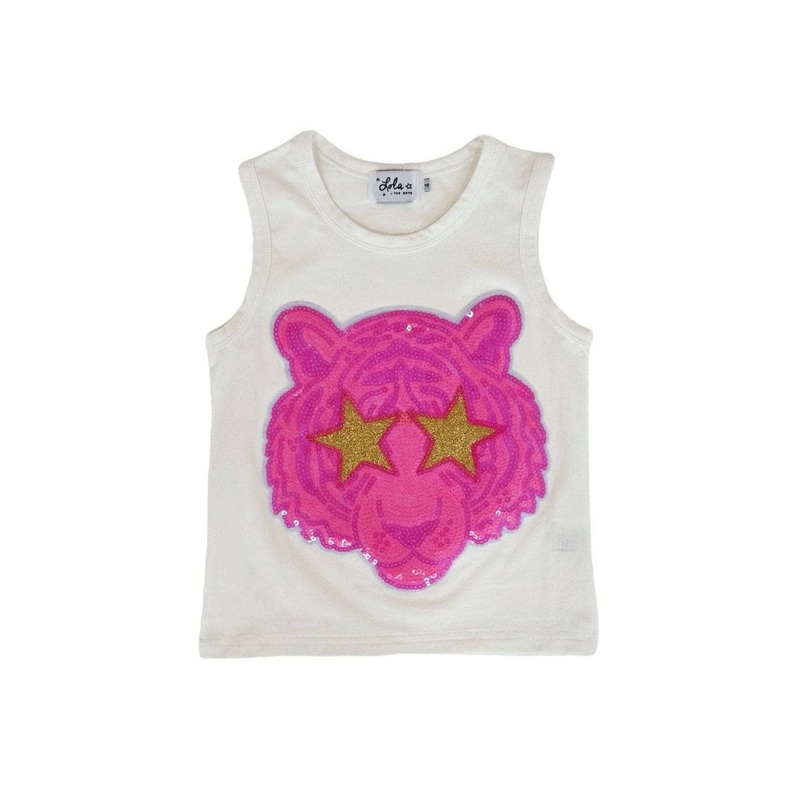 White Sequin Neon Pink Tiger Tank Top