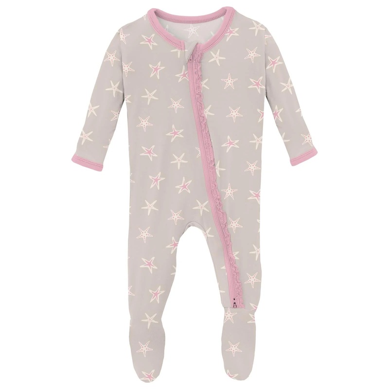Kickee Print Layette Ruffle 2 Way Zipper Footie - Latte Starfish